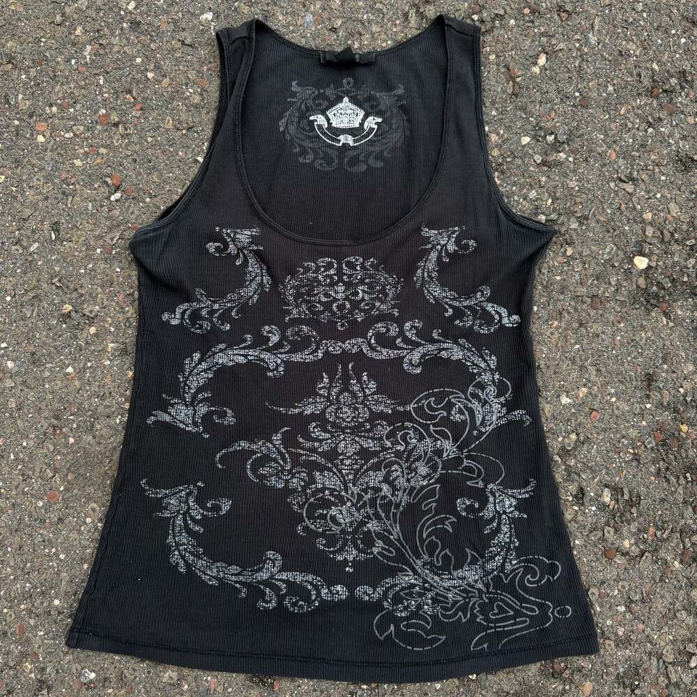 Vintage Express Y2K Grunge Cyber Core Graphic Ribbed Tank Top Black